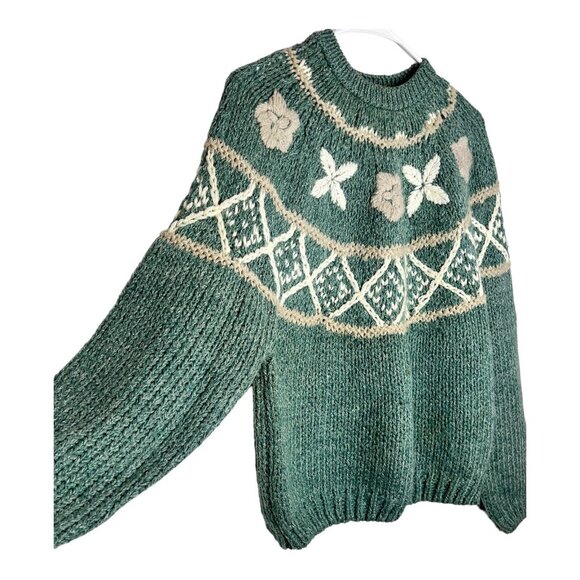 Shenanigans Hand Knit Womens S Cabincore Granny‎ Ramie Blend Green Sweater READ - Picture 6 of 10